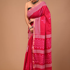 Magenta Pink Pure Cotton Saree with Bold Geometric Print