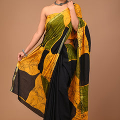 Yellow Olive Green & Black Abstract Batik Print Cotton Saree