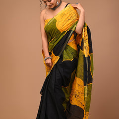 Yellow Olive Green & Black Abstract Batik Print Cotton Saree