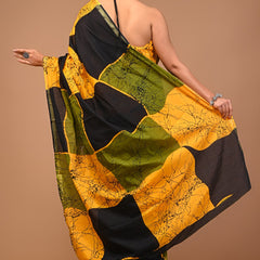 Yellow Olive Green & Black Abstract Batik Print Cotton Saree