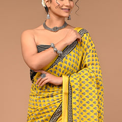 Sunlit Yellow Cotton Saree with Black Hand Block Floral Motifs