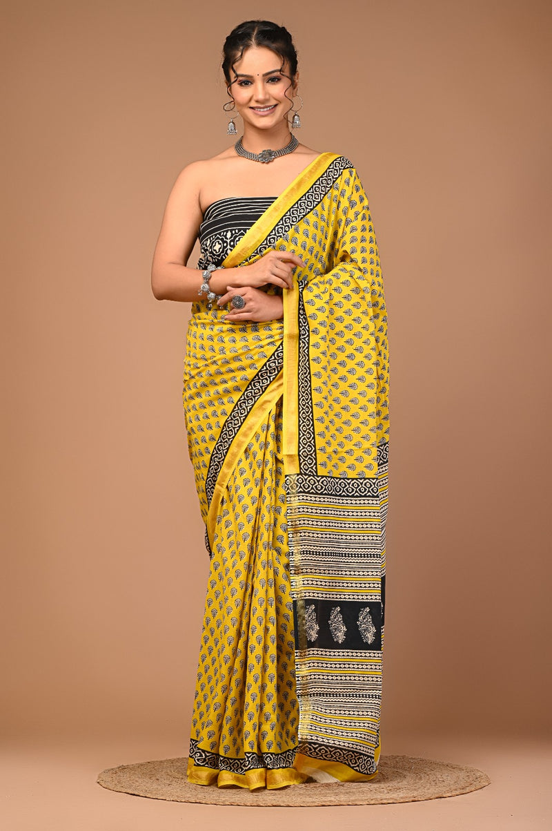Sunlit Yellow Cotton Saree with Black Hand Block Floral Motifs