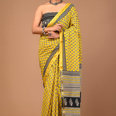 Sunlit Yellow Cotton Saree with Black Hand Block Floral Motifs