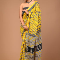 Sunlit Yellow Cotton Saree with Black Hand Block Floral Motifs