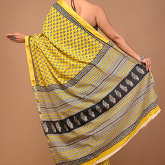 Sunlit Yellow Cotton Saree with Black Hand Block Floral Motifs