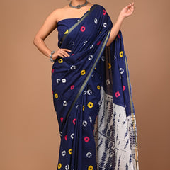 Navy Blue Cotton Saree with Multicolor Dot & Shibori-Inspired Pallu