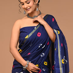 Navy Blue Cotton Saree with Multicolor Dot & Shibori-Inspired Pallu