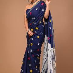 Navy Blue Cotton Saree with Multicolor Dot & Shibori-Inspired Pallu