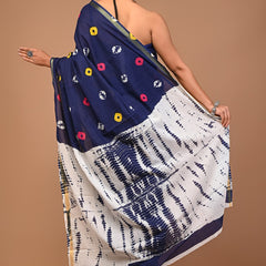 Navy Blue Cotton Saree with Multicolor Dot & Shibori-Inspired Pallu