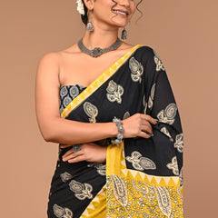 Black Cotton Saree with Yellow Border & Bold Paisley Print