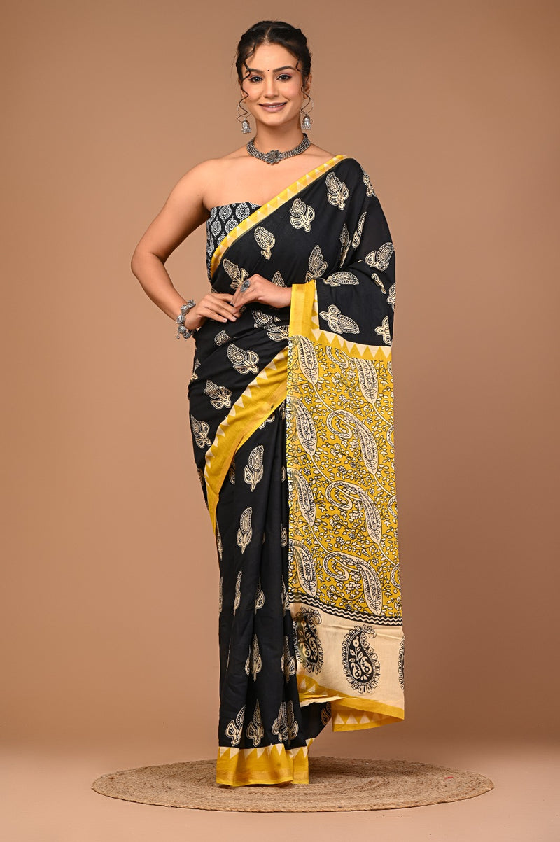 Black Cotton Saree with Yellow Border & Bold Paisley Print