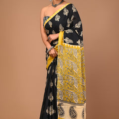 Black Cotton Saree with Yellow Border & Bold Paisley Print