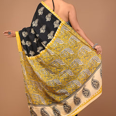 Black Cotton Saree with Yellow Border & Bold Paisley Print
