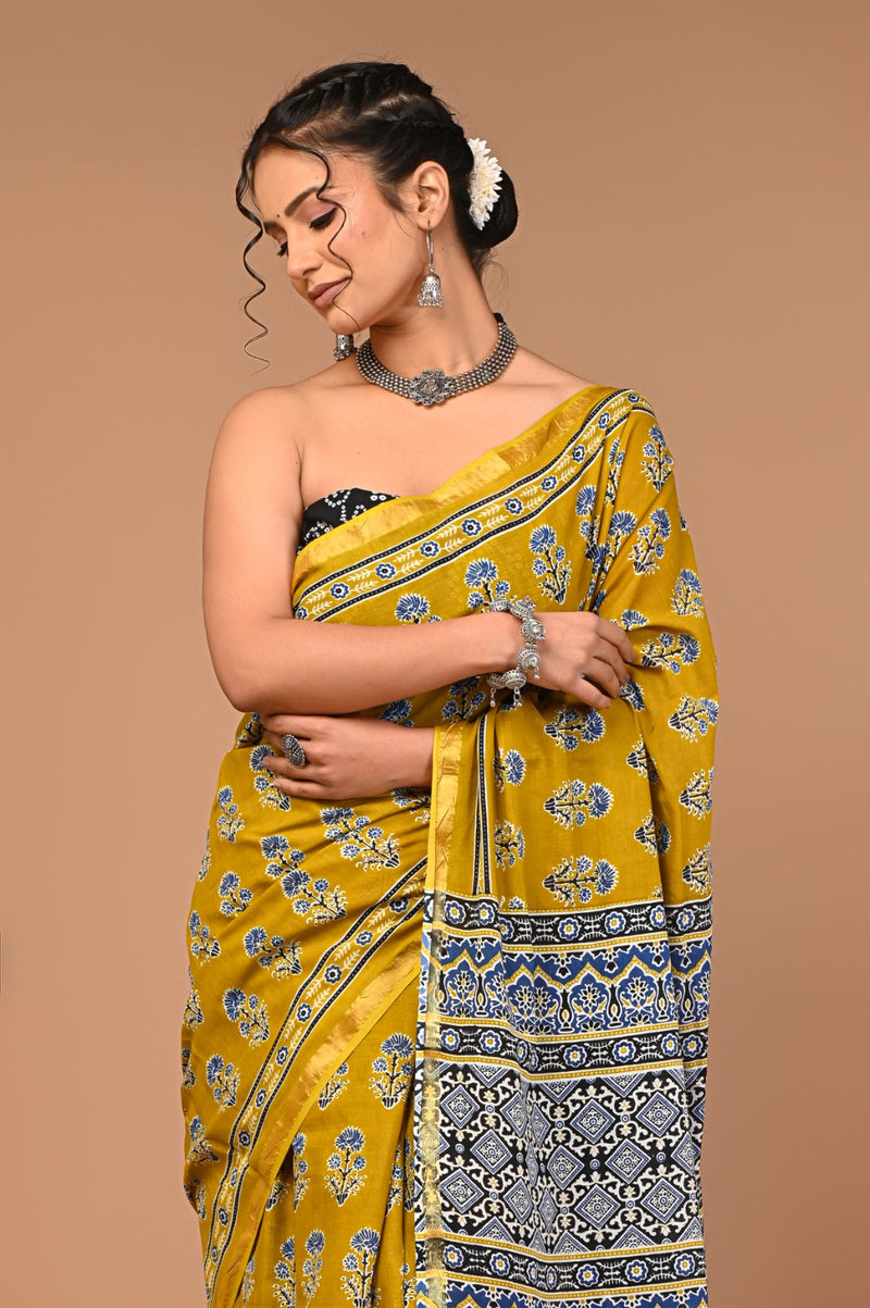 Mustard Yellow Cotton Saree with Blue Floral Motifs & Ajrakh-Inspired Pallu