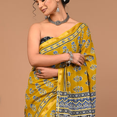 Mustard Yellow Cotton Saree with Blue Floral Motifs & Ajrakh-Inspired Pallu
