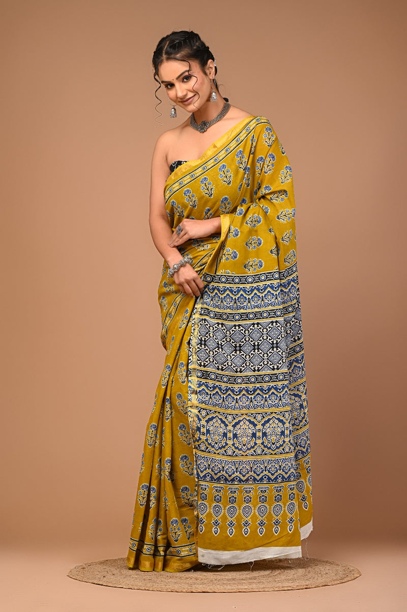Mustard Yellow Cotton Saree with Blue Floral Motifs & Ajrakh-Inspired Pallu