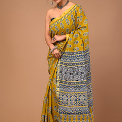 Mustard Yellow Cotton Saree with Blue Floral Motifs & Ajrakh-Inspired Pallu