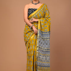 Mustard Yellow Cotton Saree with Blue Floral Motifs & Ajrakh-Inspired Pallu