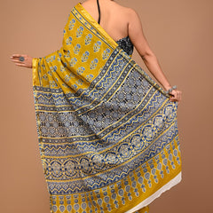 Mustard Yellow Cotton Saree with Blue Floral Motifs & Ajrakh-Inspired Pallu