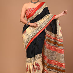 Elegant Black & Beige Cotton Saree with Traditional Red Motifs