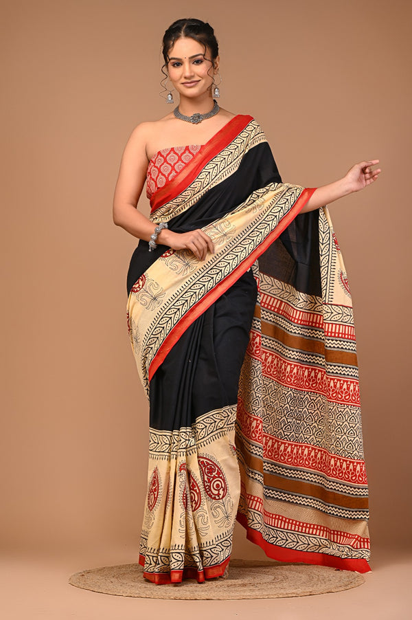 Elegant Black & Beige Cotton Saree with Traditional Red Motifs