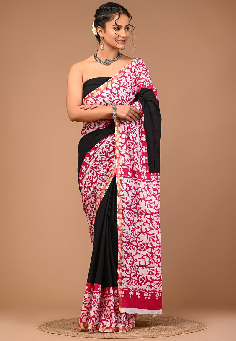 Elegant Black & White Cotton Saree with Red Floral Print