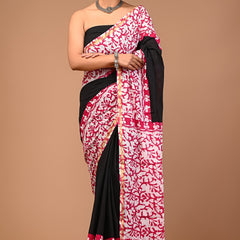 Elegant Black & White Cotton Saree with Red Floral Print