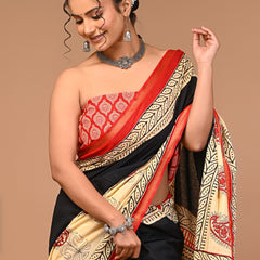 Elegant Black & Beige Cotton Saree with Traditional Red Motifs