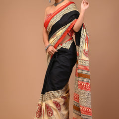 Elegant Black & Beige Cotton Saree with Traditional Red Motifs