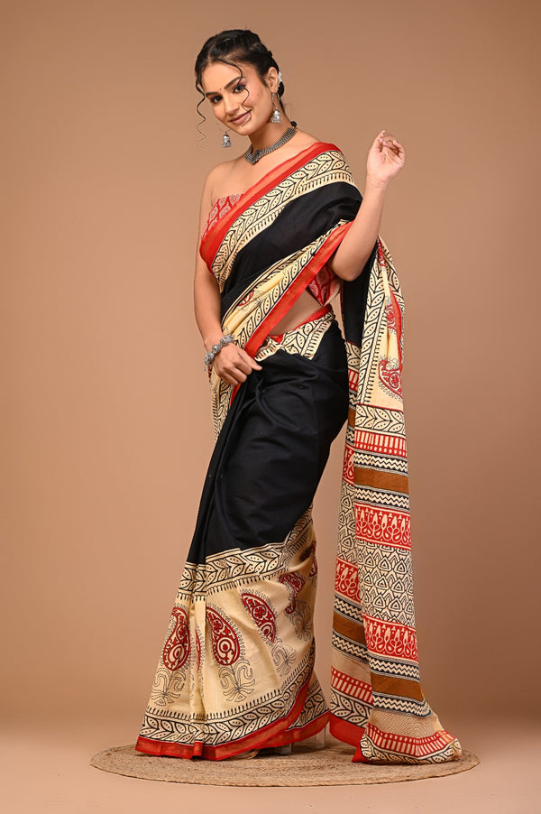 Elegant Black & Beige Cotton Saree with Traditional Red Motifs