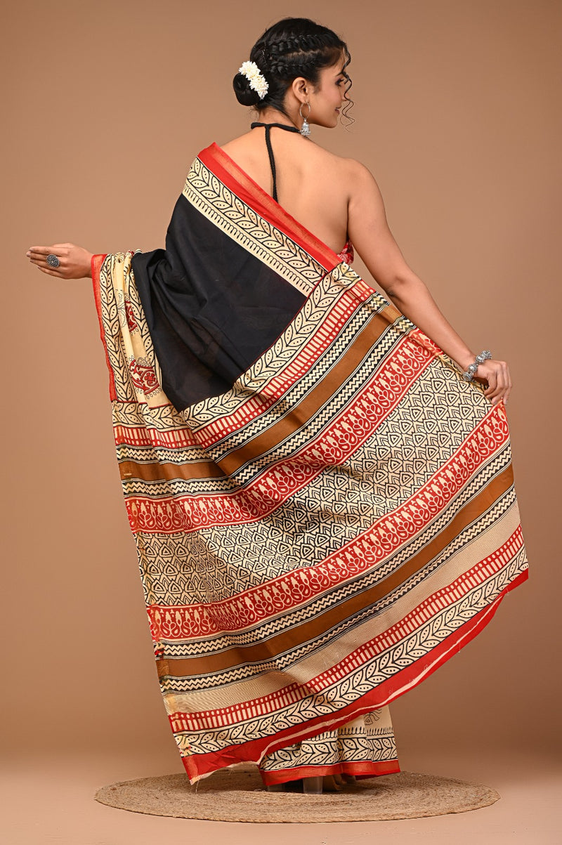 Elegant Black & Beige Cotton Saree with Traditional Red Motifs