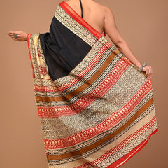 Elegant Black & Beige Cotton Saree with Traditional Red Motifs