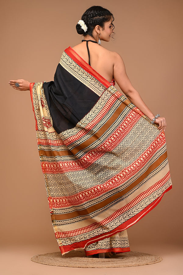 Elegant Black & Beige Cotton Saree with Traditional Red Motifs