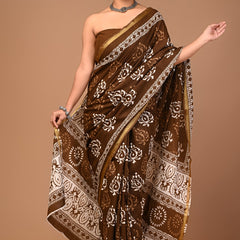 Classic Brown Cotton Saree with Traditional White Block Print