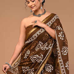 Classic Brown Cotton Saree with Traditional White Block Print