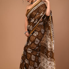 Classic Brown Cotton Saree with Traditional White Block Print
