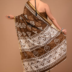 Classic Brown Cotton Saree with Traditional White Block Print