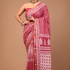 Maroon Cotton Saree with Traditional White Hand Block Prints & Golden Border