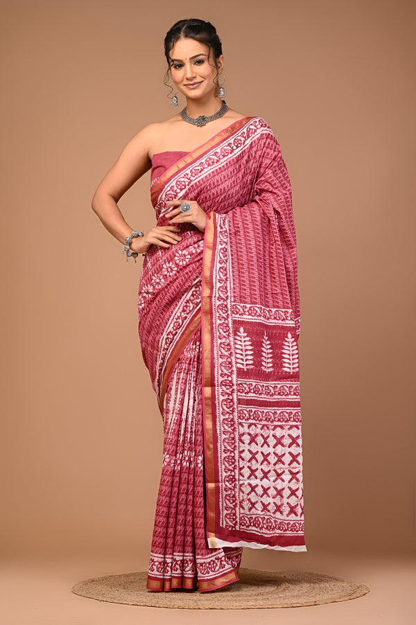 Maroon Cotton Saree with Traditional White Hand Block Prints & Golden Border