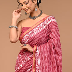 Maroon Cotton Saree with Traditional White Hand Block Prints & Golden Border