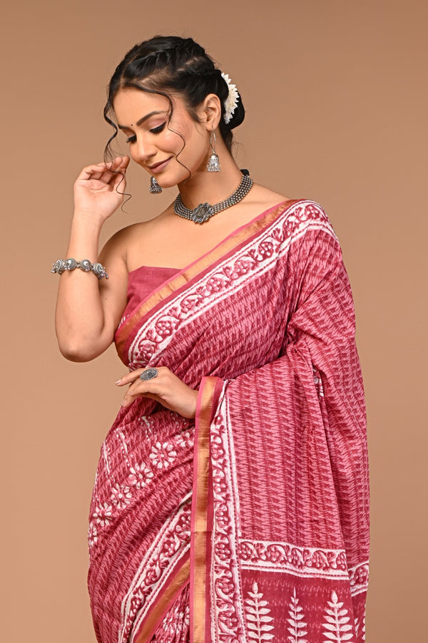 Maroon Cotton Saree with Traditional White Hand Block Prints & Golden Border