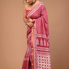Maroon Cotton Saree with Traditional White Hand Block Prints & Golden Border