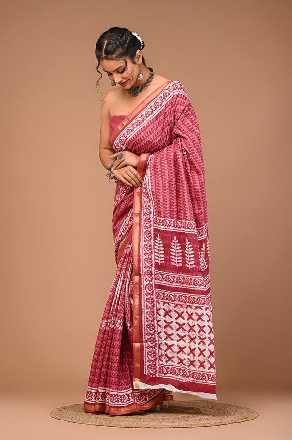 Maroon Cotton Saree with Traditional White Hand Block Prints & Golden Border
