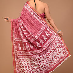 Maroon Cotton Saree with Traditional White Hand Block Prints & Golden Border