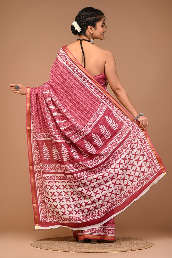 Maroon Cotton Saree with Traditional White Hand Block Prints & Golden Border