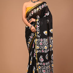 Elegant Black Handblock Cotton Saree with Floral Print & Golden Border