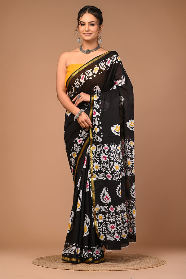 Elegant Black Handblock Cotton Saree with Floral Print & Golden Border