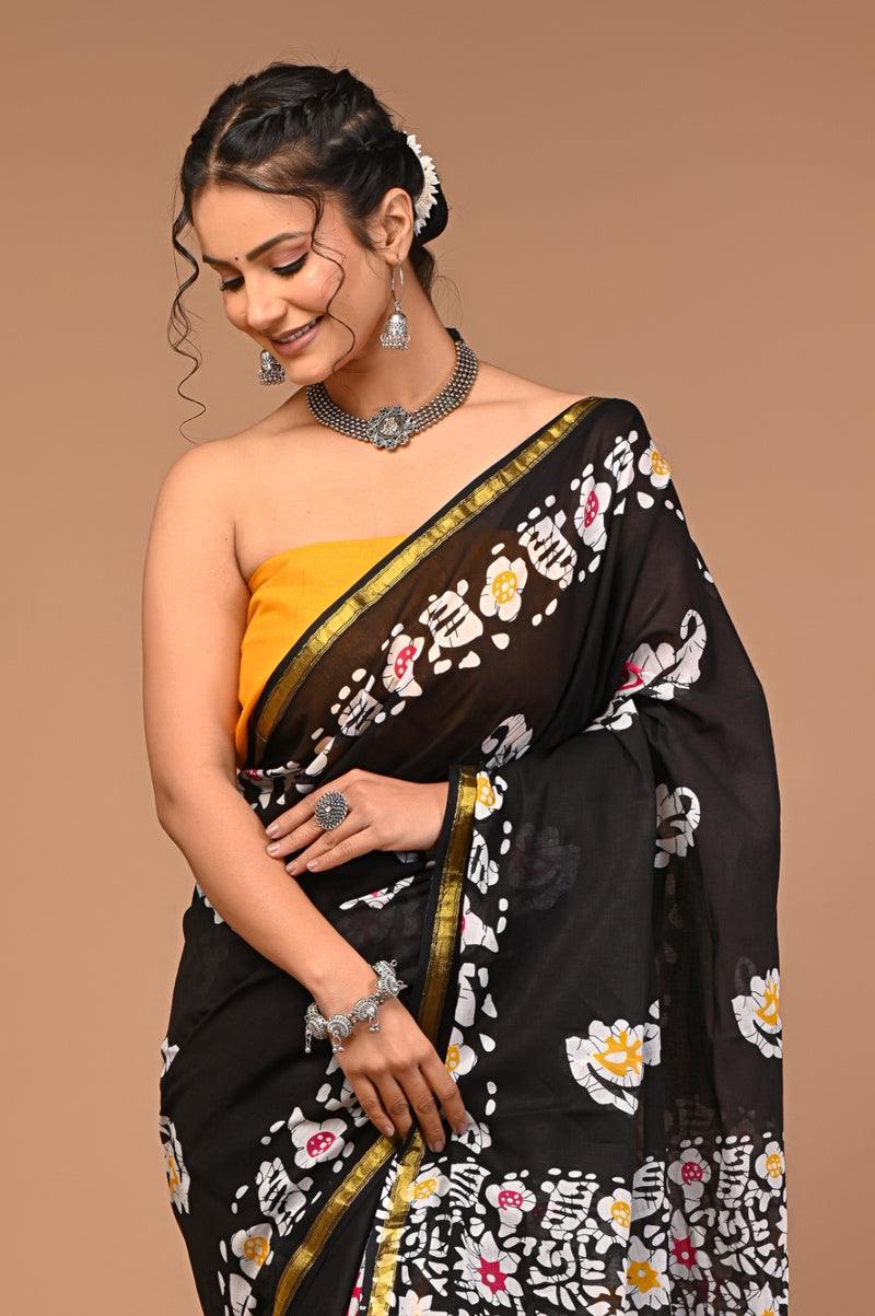 Elegant Black Handblock Cotton Saree with Floral Print & Golden Border