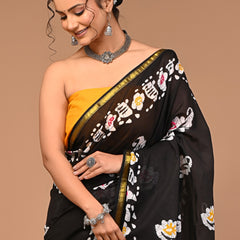 Elegant Black Handblock Cotton Saree with Floral Print & Golden Border