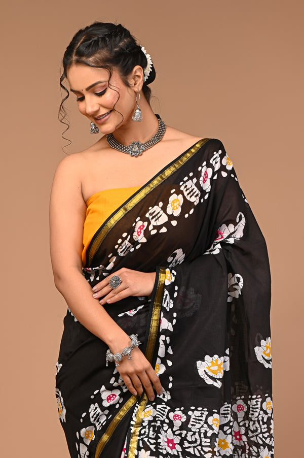 Elegant Black Handblock Cotton Saree with Floral Print & Golden Border